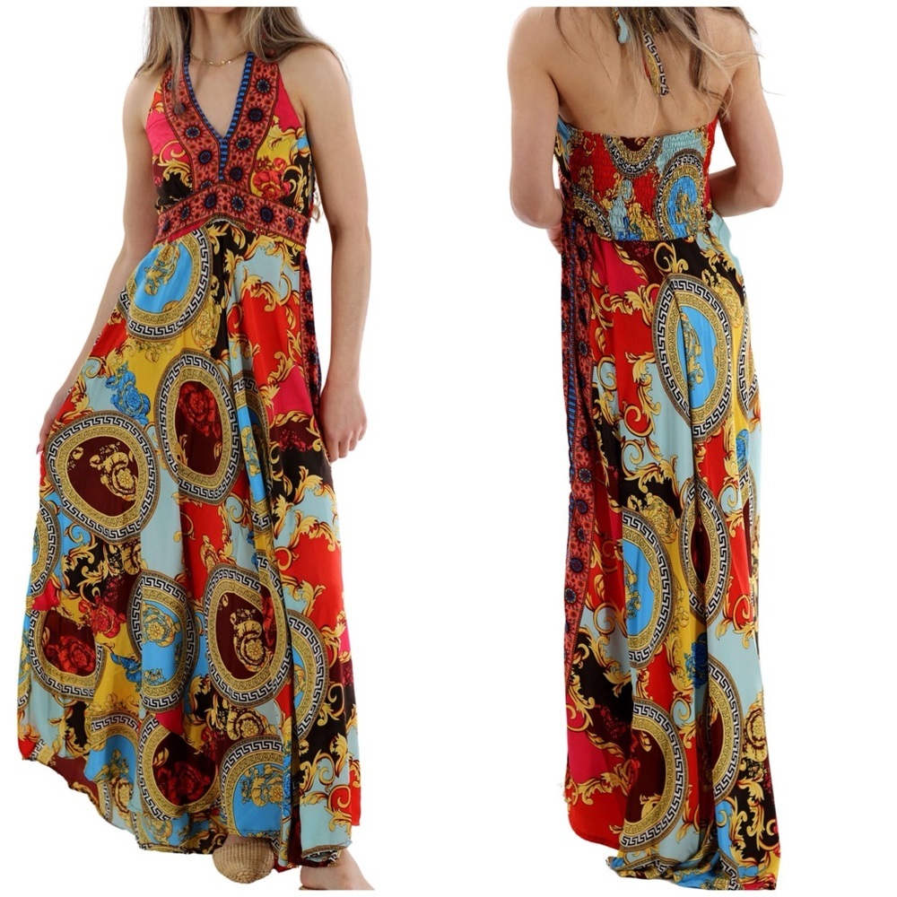 NWT Ben & Lisa Coin Paisley Print Halter Maxi Dress Resortwear Vacation Sz L